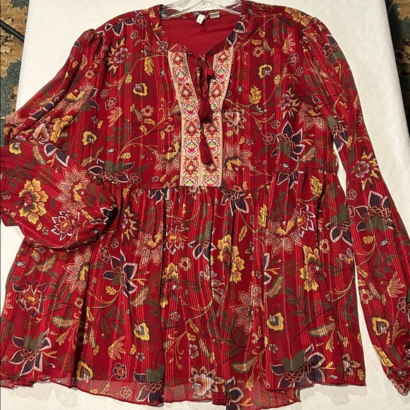 Cato Burgundy Boho Floral Lined Blouse Gold Threads Size XL - Picture 5 of 7